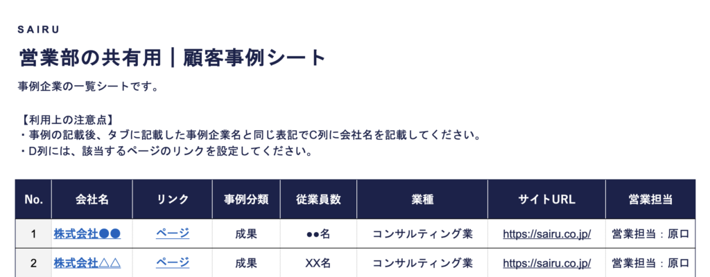 顧客事例シートの一覧