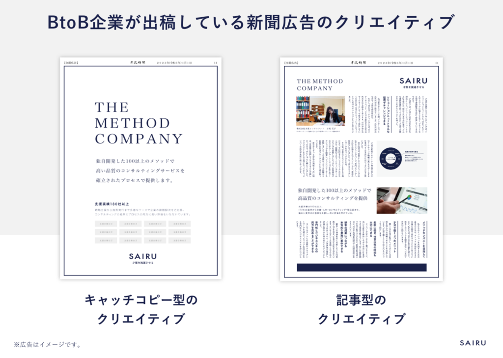 日経新聞の広告クリエイティブのイメージ。キャッチコピー型のクリエイティブと記事型のクリエイティブ