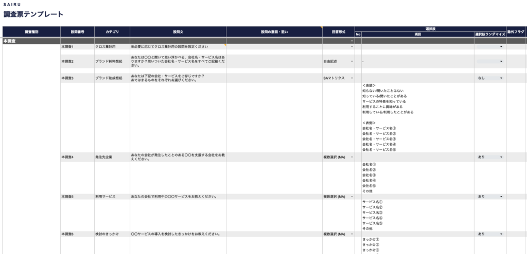 画像：調査票テンプレートのキャプチャ画像