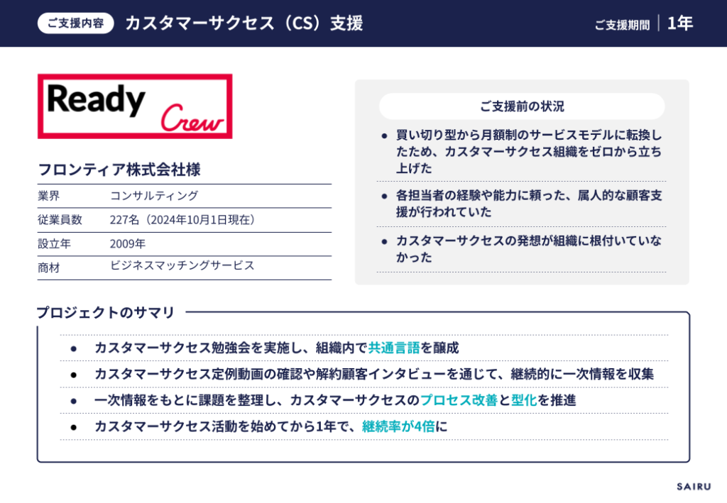 画像：フロンティア様カスタマーサクセス支援プロジェクトの概要