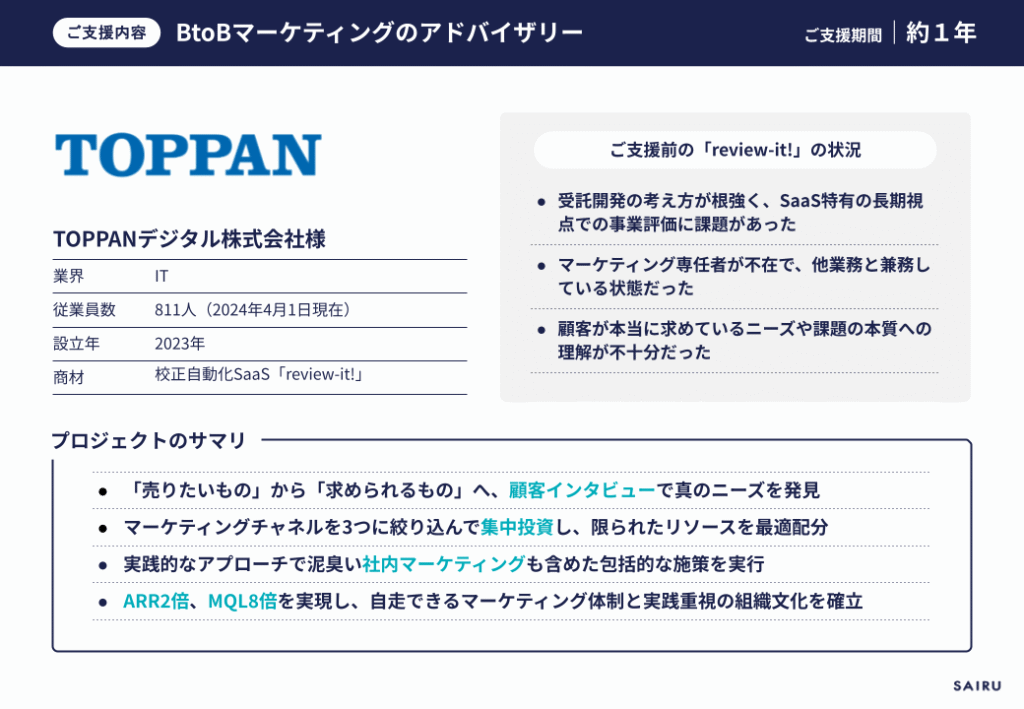 画像:TOPPANデジタル様BtoBマーケアドバイザリーの概要をまとめたスライド