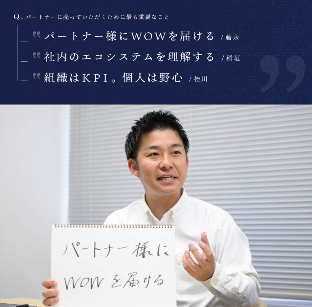 HQ藤永さんがフリップに手書きで「パートナー様に WOW を届ける」と書いたものを説明している様子。Q. パートナーに売っていただくために最も重要なこと「パートナー様にWOWを届ける」/藤永「社内のエコシステム全理解する」/須垣「組織はKPI。個人は野心」/佳川