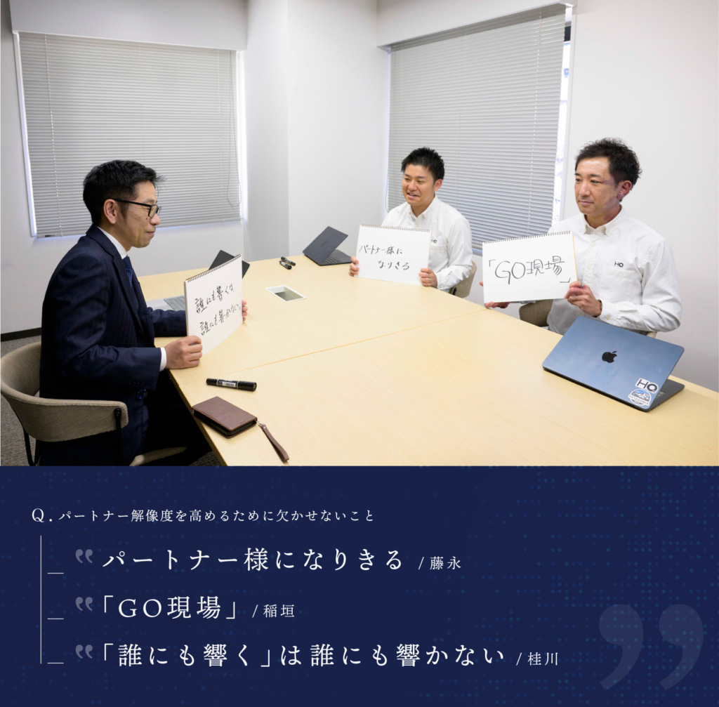 3名がフリップを出している様子。Q. パートナー解像度を高めるために欠かせないこと「パートナー様になりきる」/藤永「『GO現場』」/須垣「『誰にも響く』は誰にも響かない」/佳川